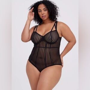 Torrid Black Striped Mesh Underwire Bodysuit | 2 | EUC